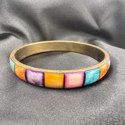 Vintage Y2K Brass Tone Hand Painted Box Pattern Bracelet Boho Women's Jewelry - Thumbnail 5