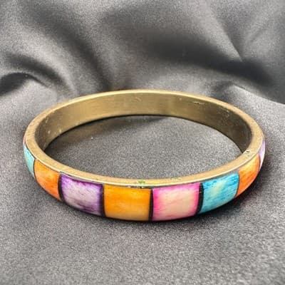 Vintage Y2K Brass Tone Hand Painted Box Pattern Bracelet Boho Women's Jewelry - Thumbnail 7