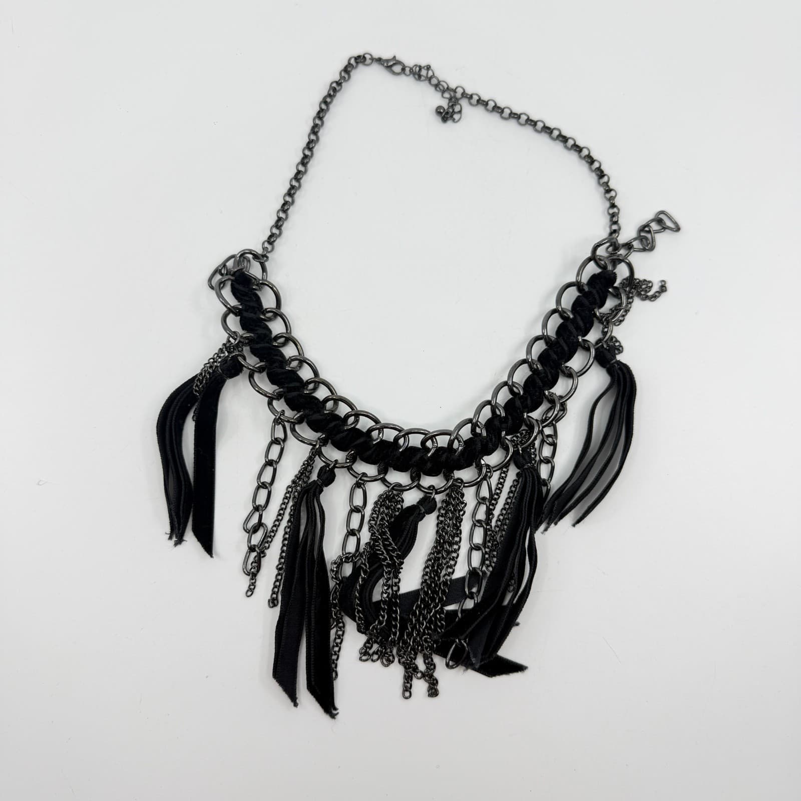 Gothic Statement Chain Necklace Velvet Ribbon Fringe Boho Festival Layering - Thumbnail 8