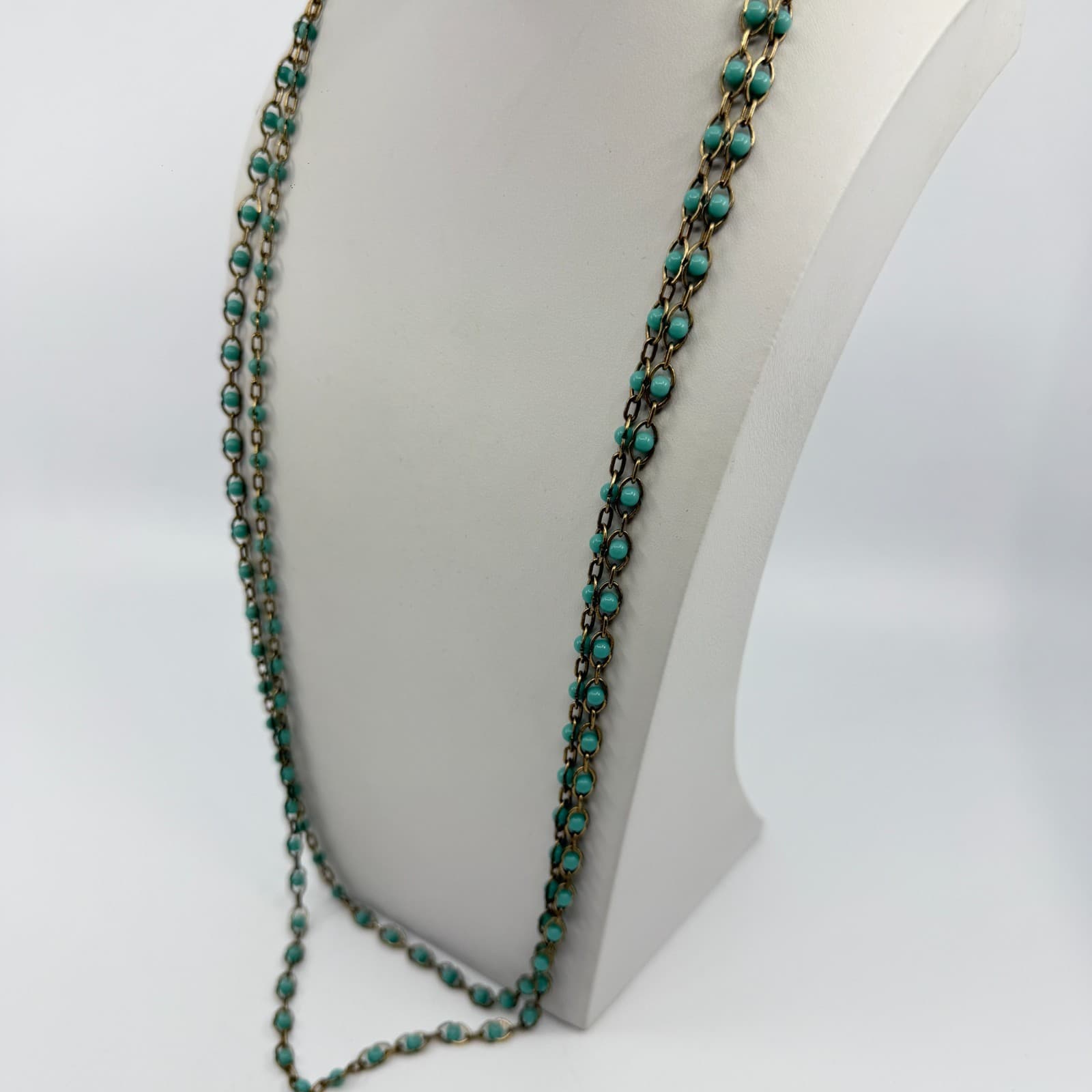 Long Beaded Chain Necklace Teal Accent Gold Tone Boho Layering Statement Gift - Thumbnail 6