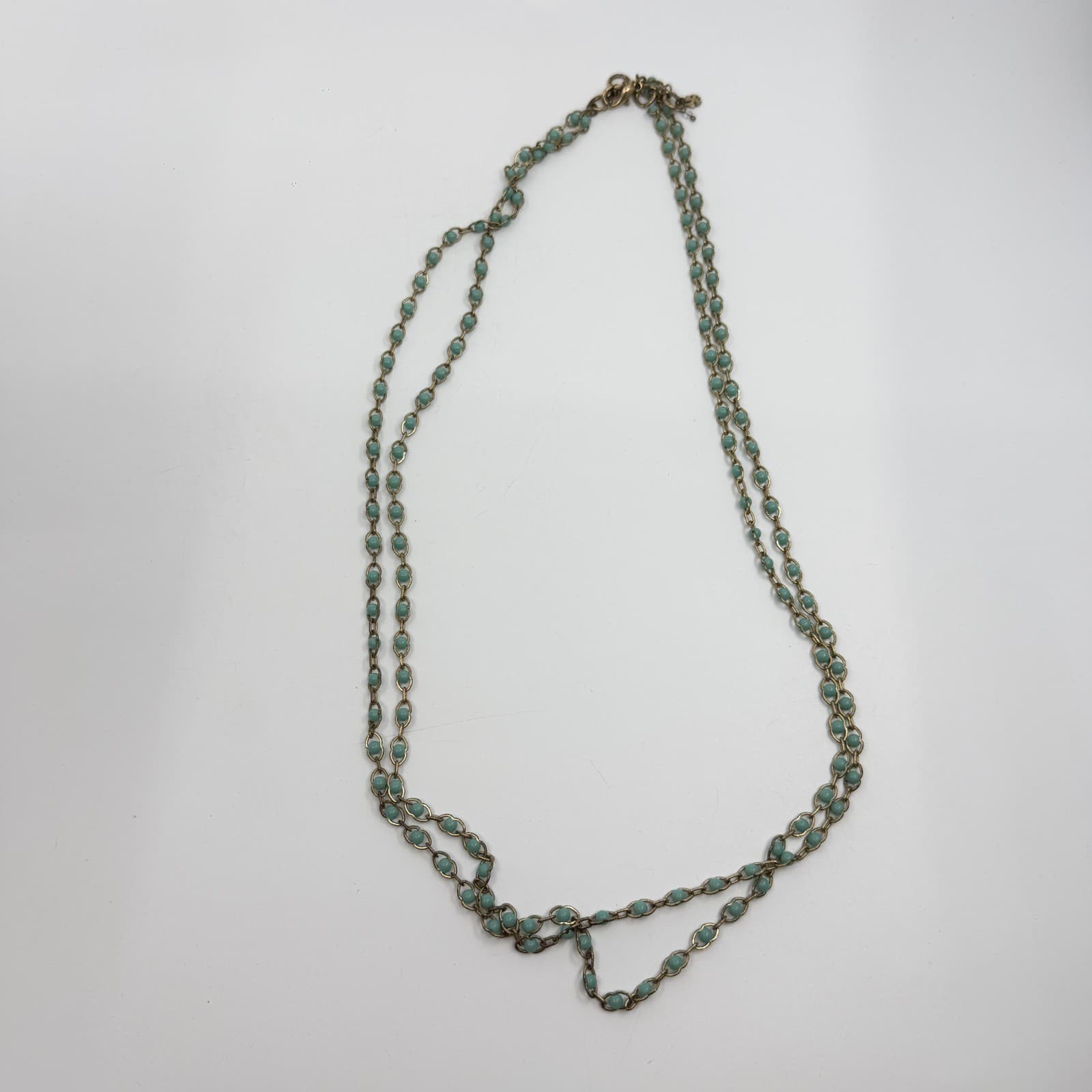 Long Beaded Chain Necklace Teal Accent Gold Tone Boho Layering Statement Gift - Thumbnail 8