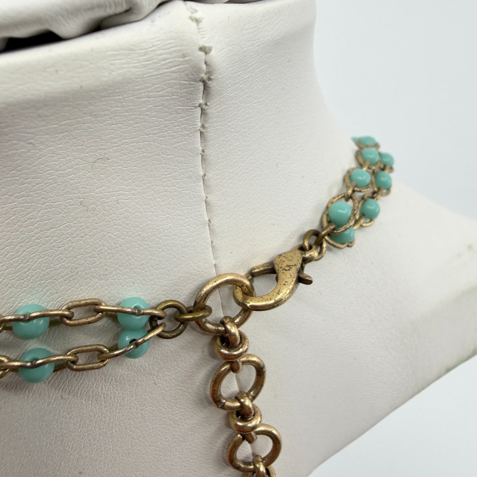 Long Beaded Chain Necklace Teal Accent Gold Tone Boho Layering Statement Gift - Thumbnail 7