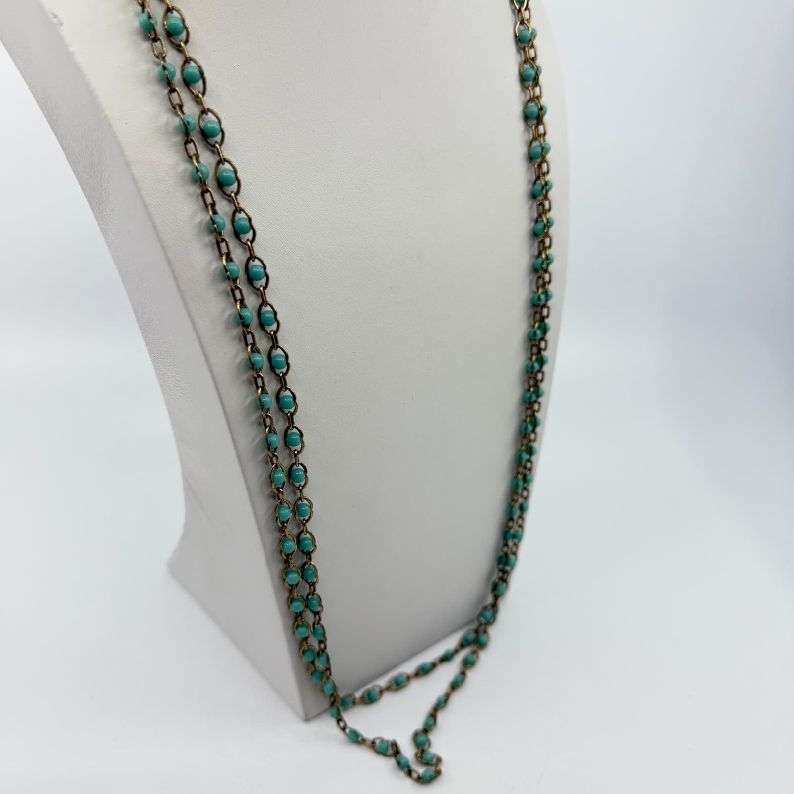 Long Beaded Chain Necklace Teal Accent Gold Tone Boho Layering Statement Gift - Thumbnail 5