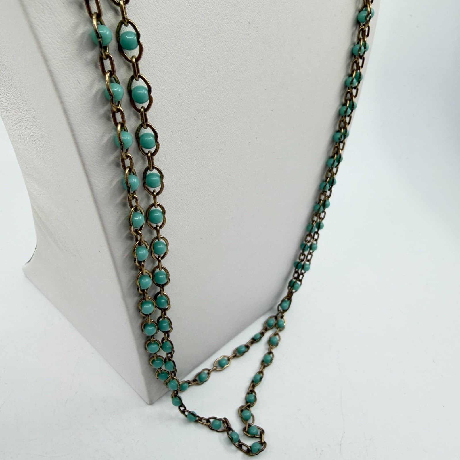 Long Beaded Chain Necklace Teal Accent Gold Tone Boho Layering Statement Gift - Thumbnail 3