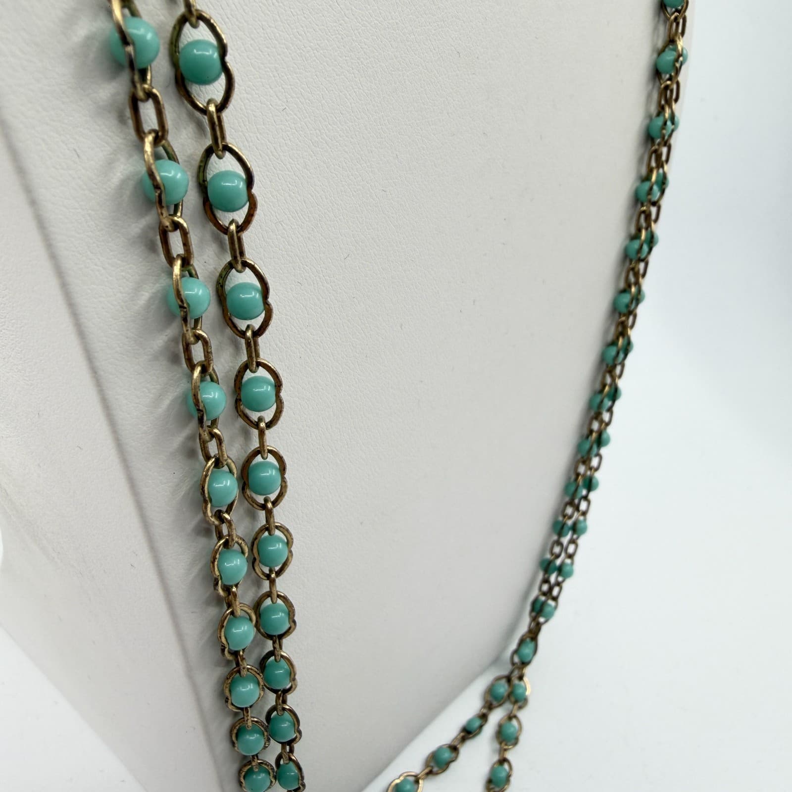 Long Beaded Chain Necklace Teal Accent Gold Tone Boho Layering Statement Gift - Thumbnail 4