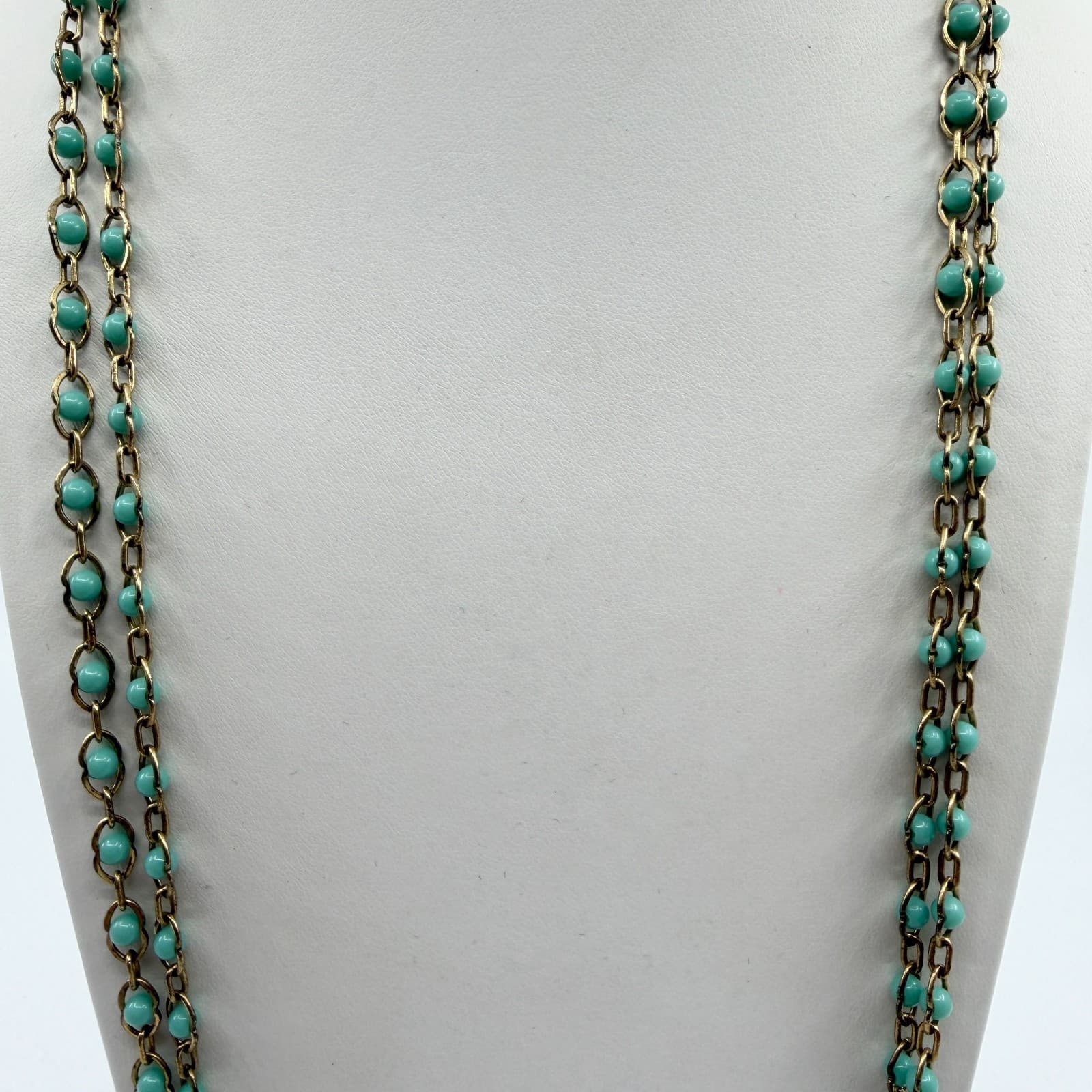 Long Beaded Chain Necklace Teal Accent Gold Tone Boho Layering Statement Gift - Thumbnail 2