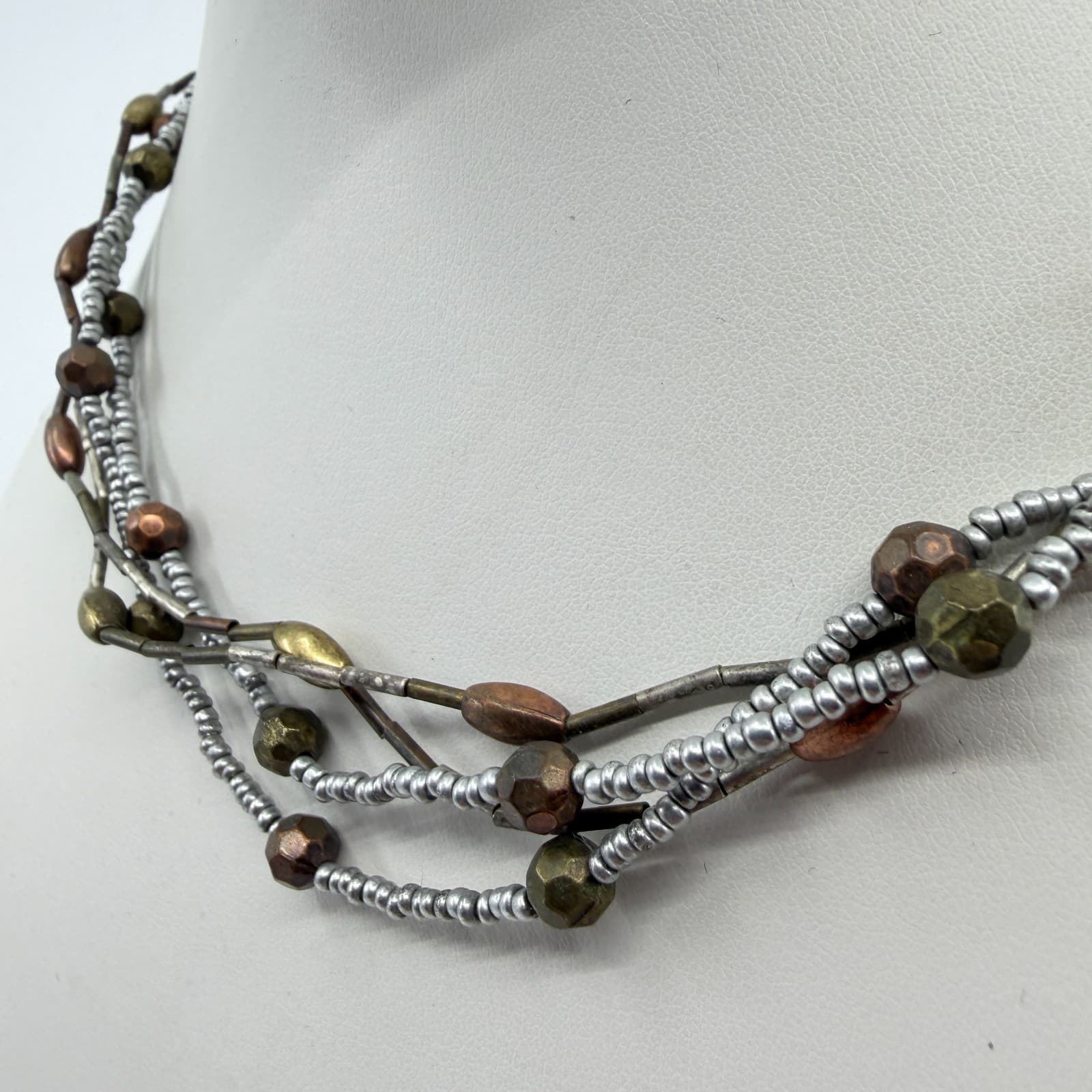 Multi Strand Mixed Metal Bead Necklace Bronze & Silver Tone Layered Boho Jewelry - Thumbnail 3