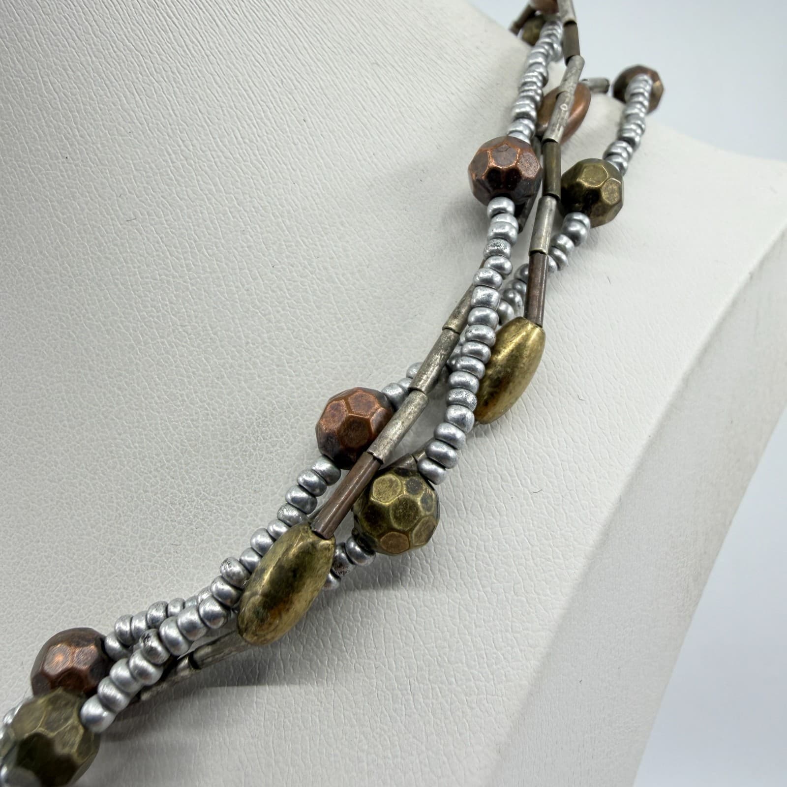 Multi Strand Mixed Metal Bead Necklace Bronze & Silver Tone Layered Boho Jewelry - Thumbnail 5