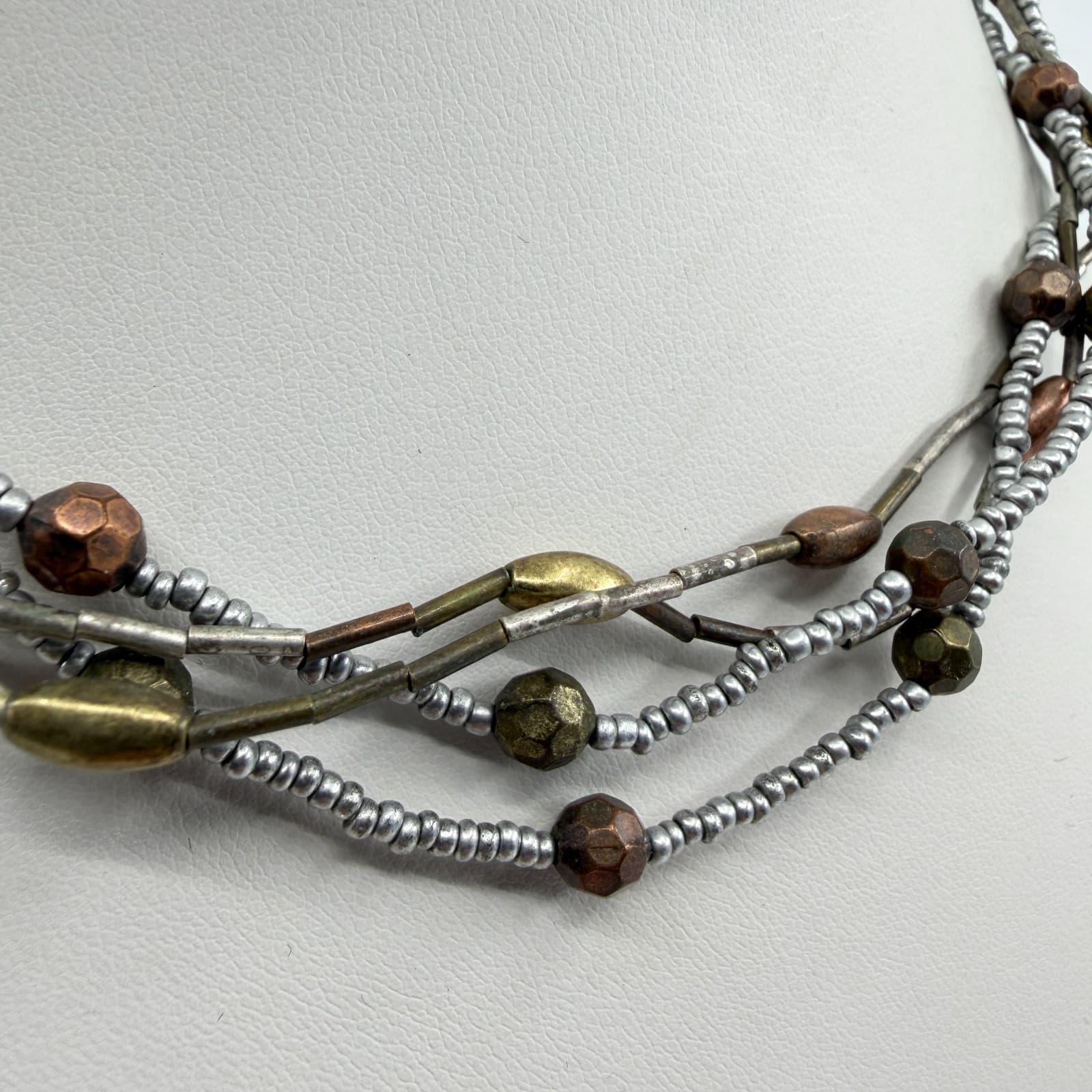 Multi Strand Mixed Metal Bead Necklace Bronze & Silver Tone Layered Boho Jewelry - Thumbnail 2