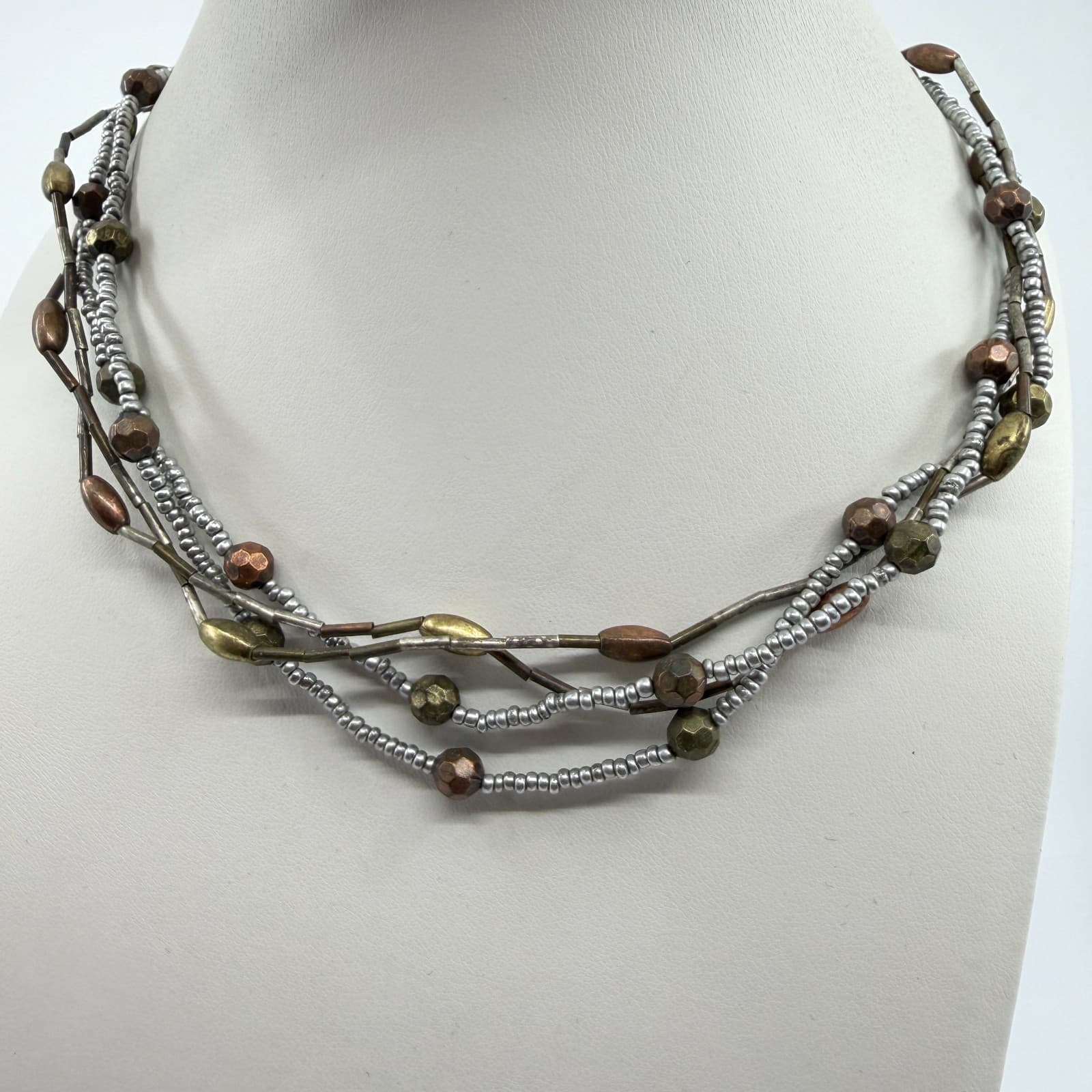Multi Strand Mixed Metal Bead Necklace Bronze & Silver Tone Layered Boho Jewelry - Thumbnail 7