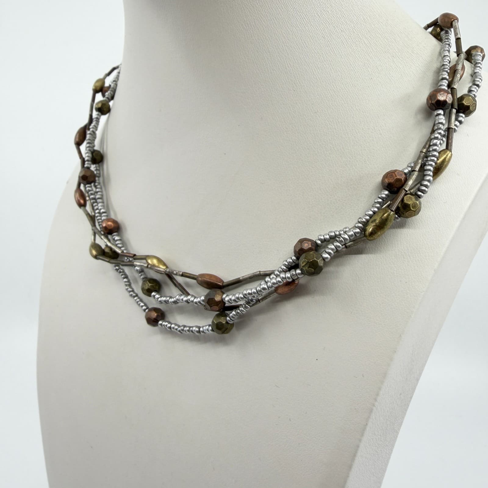 Multi Strand Mixed Metal Bead Necklace Bronze & Silver Tone Layered Boho Jewelry - Thumbnail 6