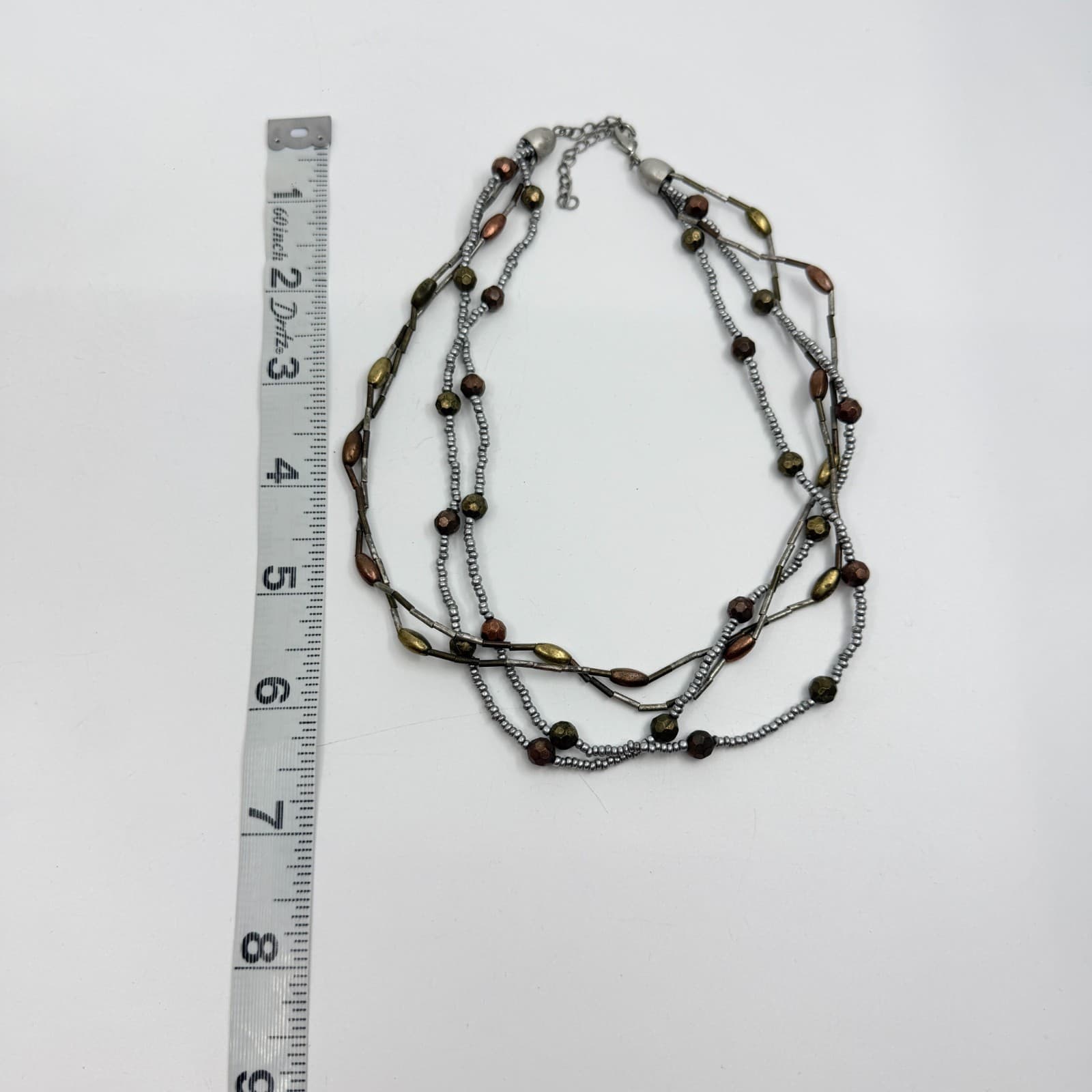 Multi Strand Mixed Metal Bead Necklace Bronze & Silver Tone Layered Boho Jewelry - Thumbnail 10