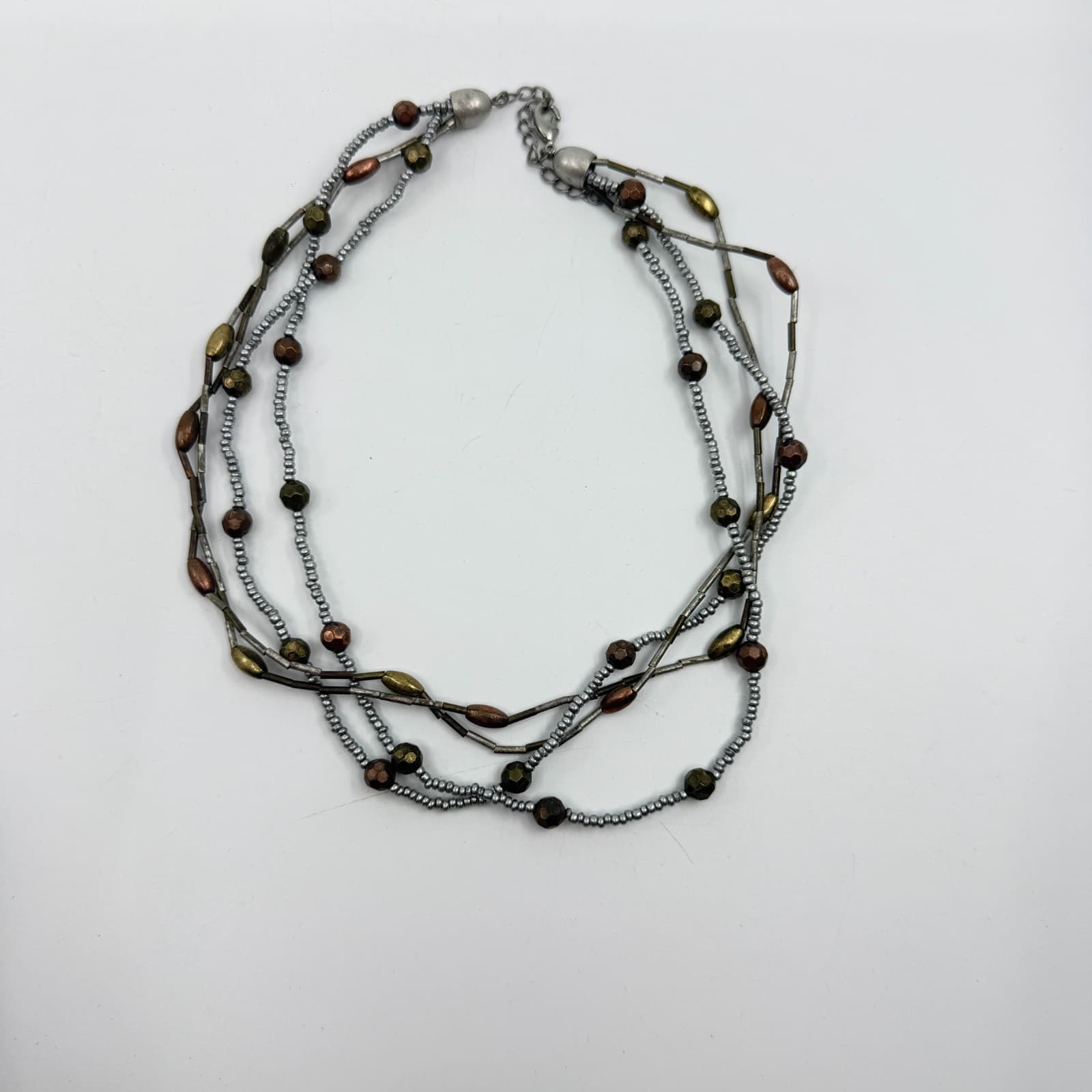Multi Strand Mixed Metal Bead Necklace Bronze & Silver Tone Layered Boho Jewelry - Thumbnail 9