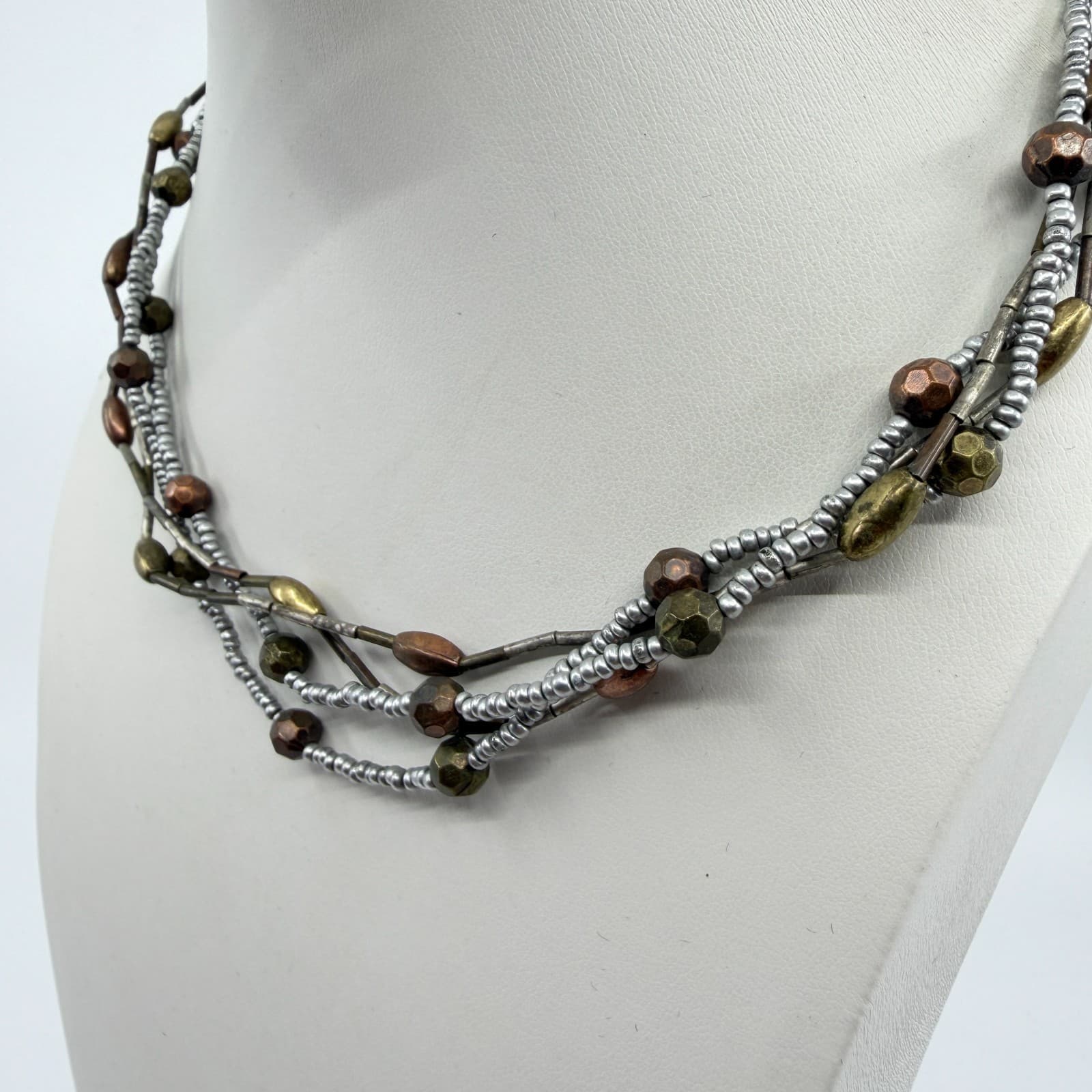 Multi Strand Mixed Metal Bead Necklace Bronze & Silver Tone Layered Boho Jewelry - Thumbnail 4