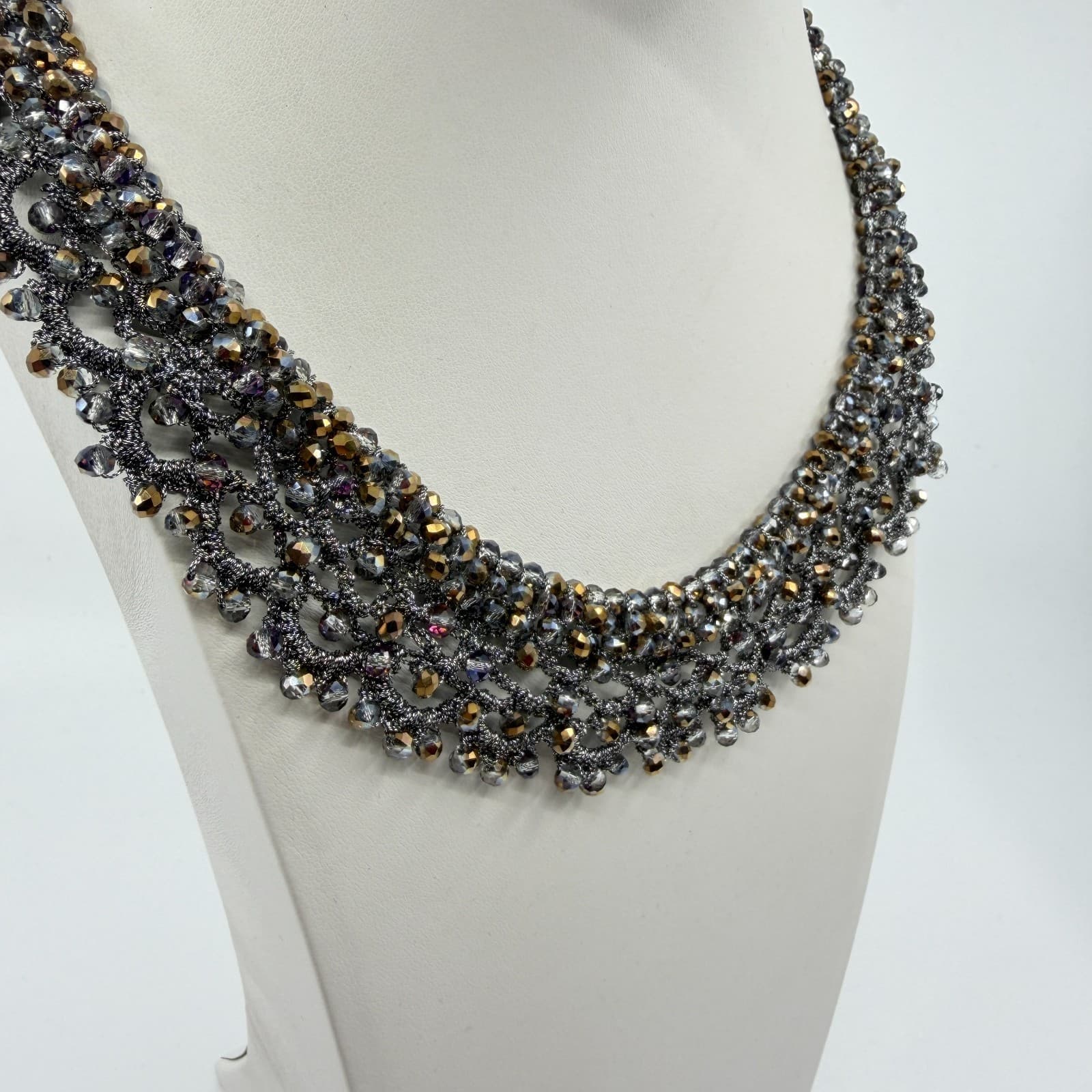 Beaded Statement Necklace Metallic Crystal Mesh Collar Elegant Glamour Gift - Thumbnail 4