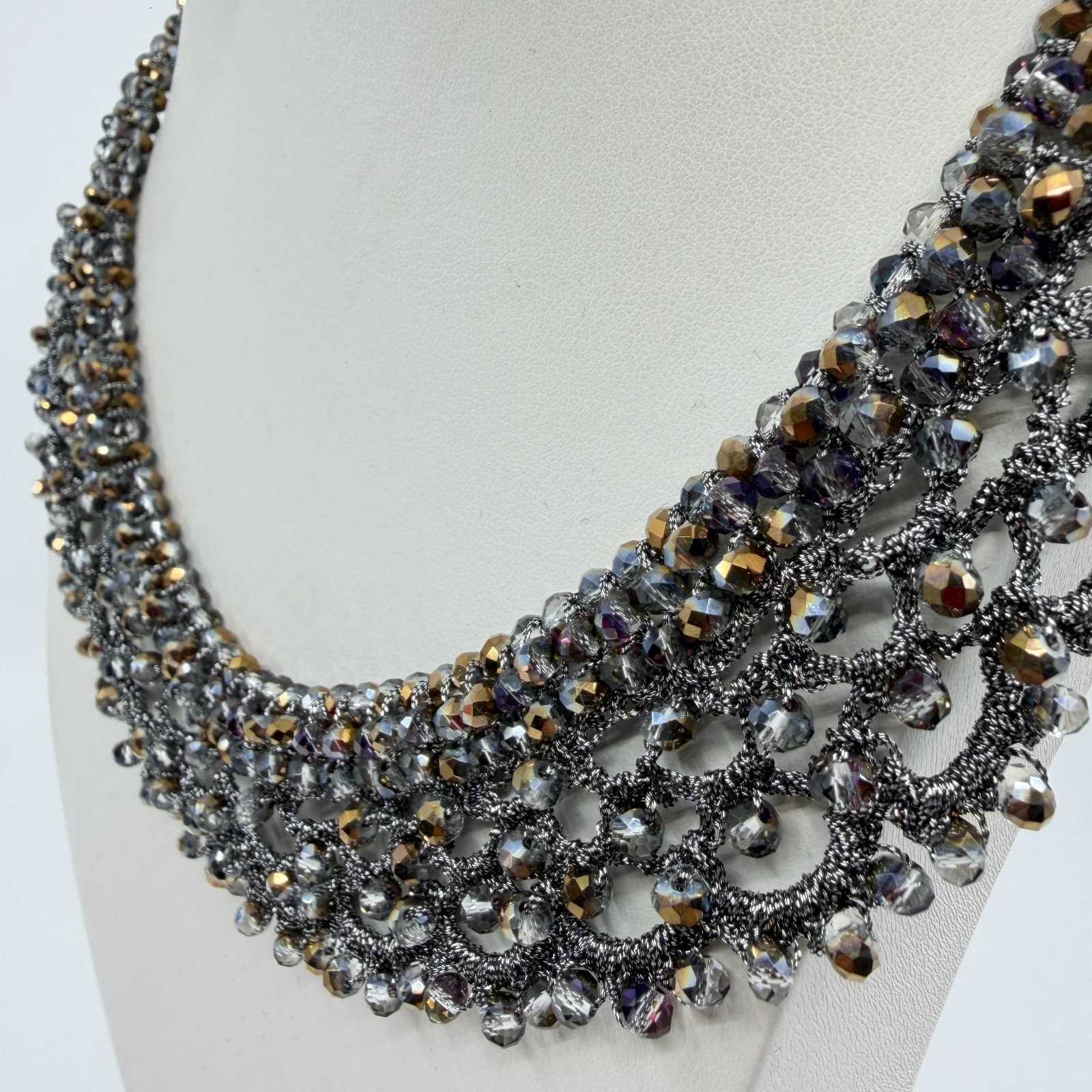 Beaded Statement Necklace Metallic Crystal Mesh Collar Elegant Glamour Gift - Thumbnail 5