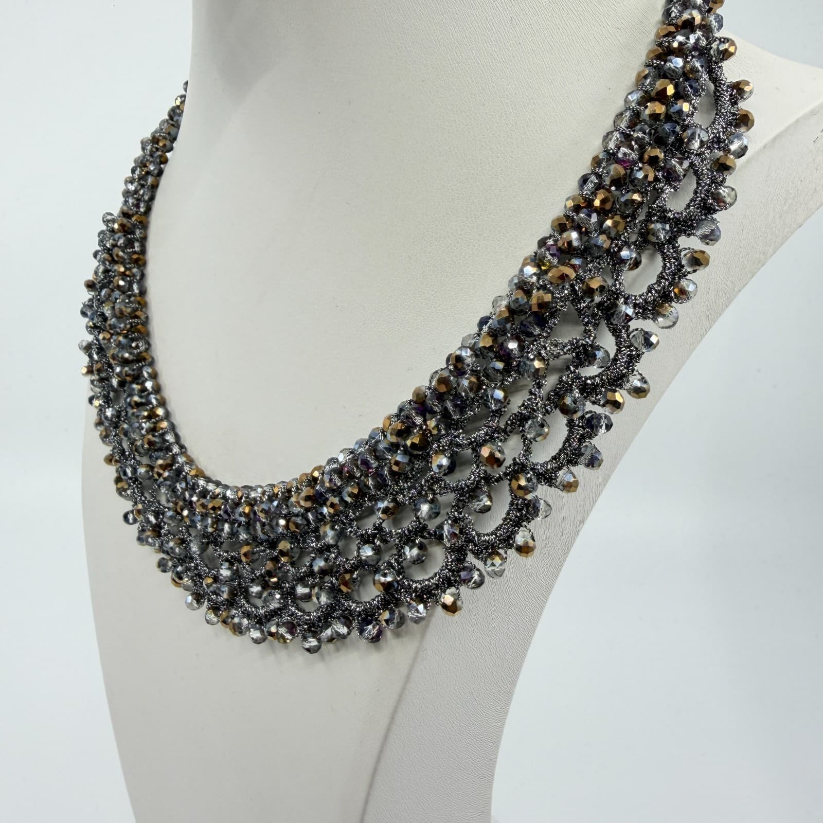 Beaded Statement Necklace Metallic Crystal Mesh Collar Elegant Glamour Gift - Thumbnail 7