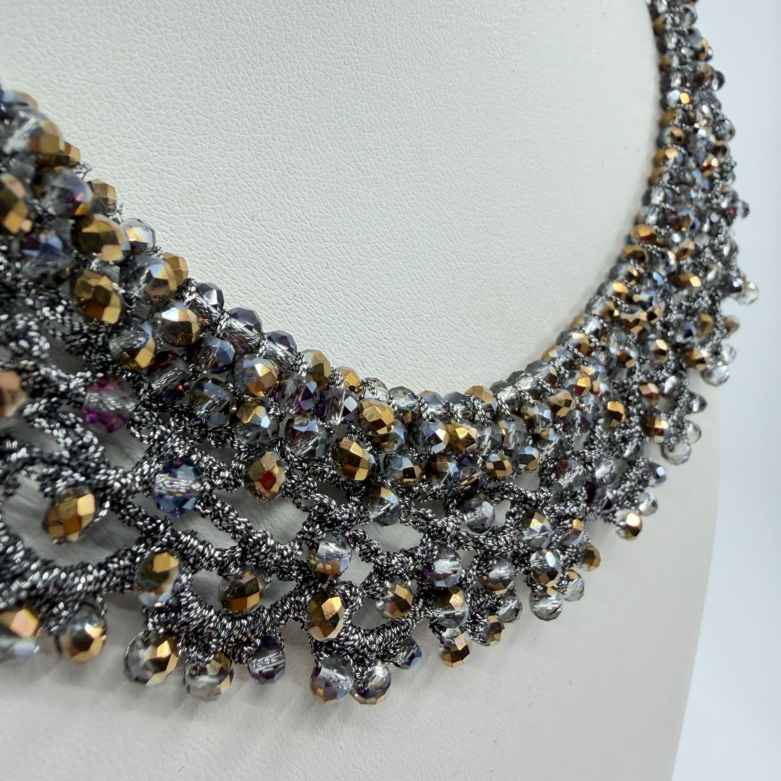 Beaded Statement Necklace Metallic Crystal Mesh Collar Elegant Glamour Gift - Thumbnail 3
