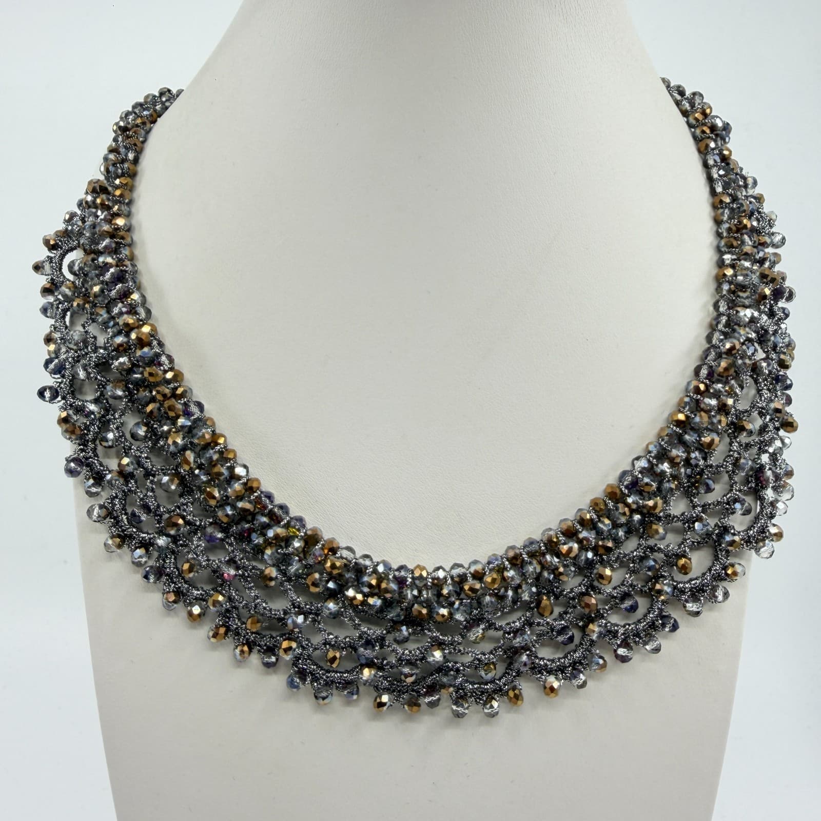 Beaded Statement Necklace Metallic Crystal Mesh Collar Elegant Glamour Gift - Thumbnail 8