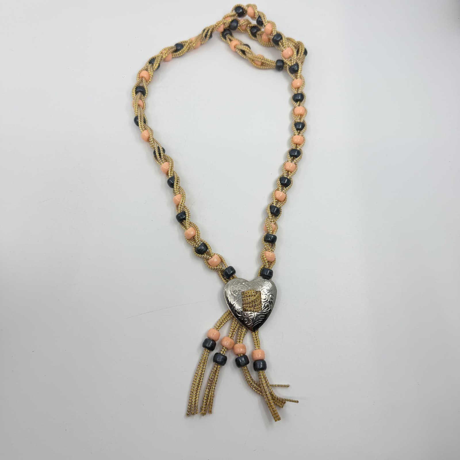 Boho Heart Bolo Necklace Gold Tone Woven Cord Peach Black Bead Festival Gift - Thumbnail 12