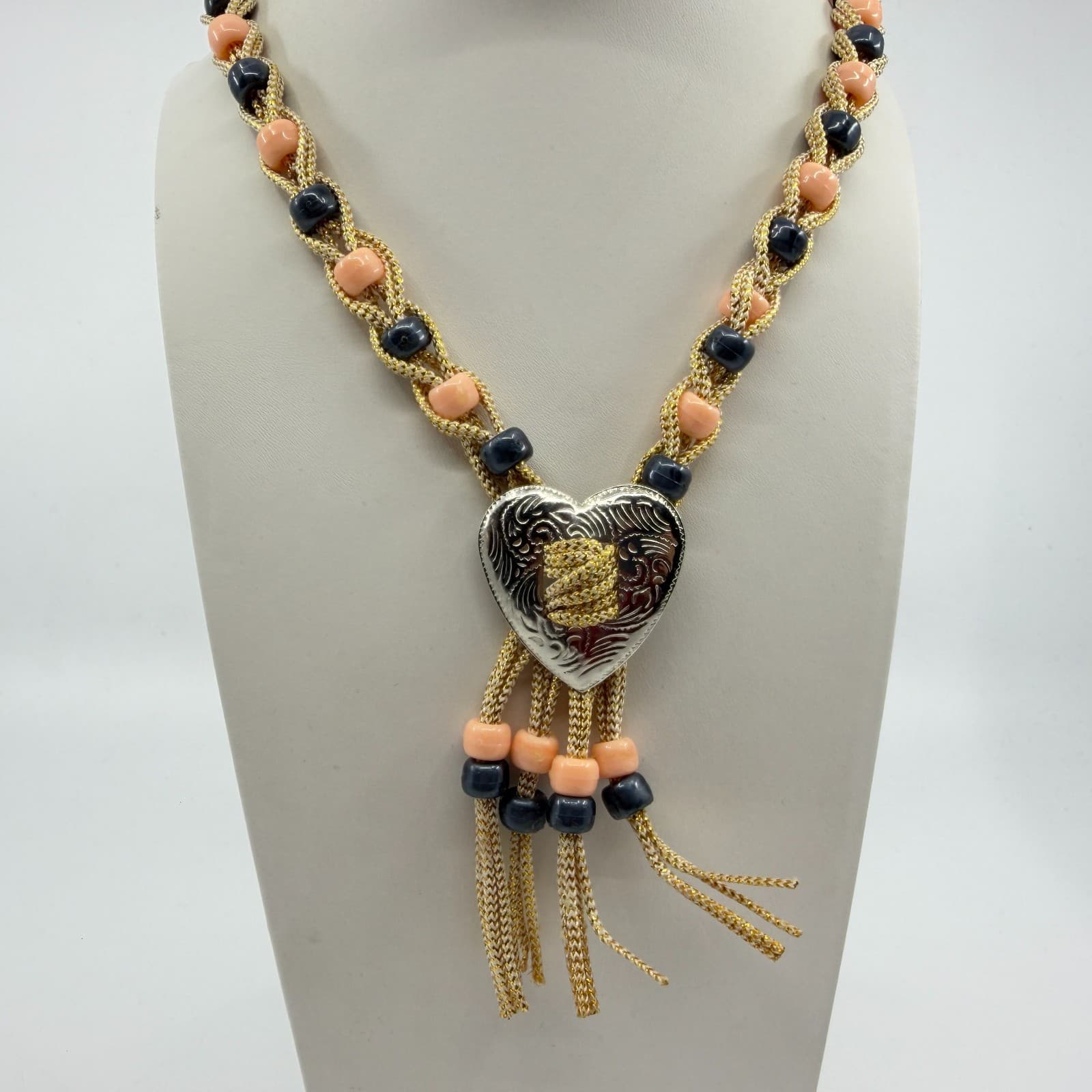 Boho Heart Bolo Necklace Gold Tone Woven Cord Peach Black Bead Festival Gift - Thumbnail 3