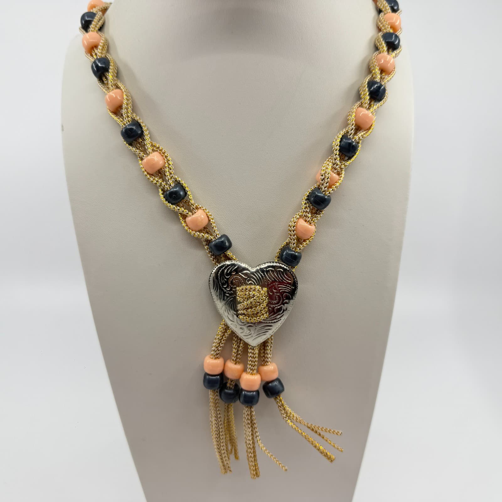 Boho Heart Bolo Necklace Gold Tone Woven Cord Peach Black Bead Festival Gift - Thumbnail 4