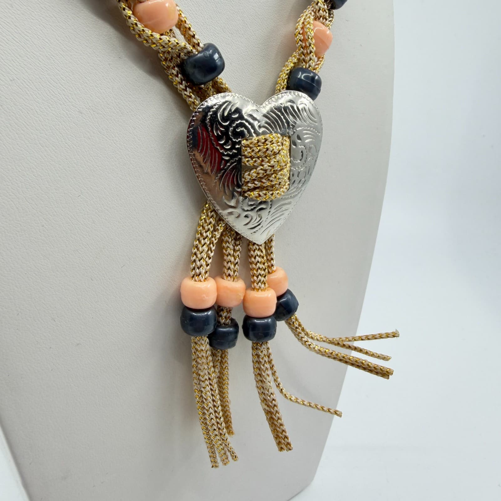 Boho Heart Bolo Necklace Gold Tone Woven Cord Peach Black Bead Festival Gift - Thumbnail 5