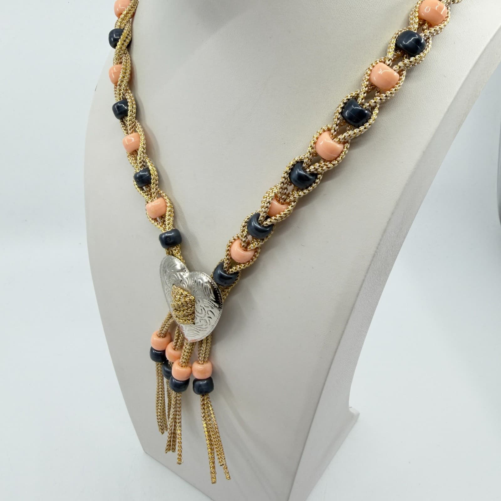 Boho Heart Bolo Necklace Gold Tone Woven Cord Peach Black Bead Festival Gift - Thumbnail 8