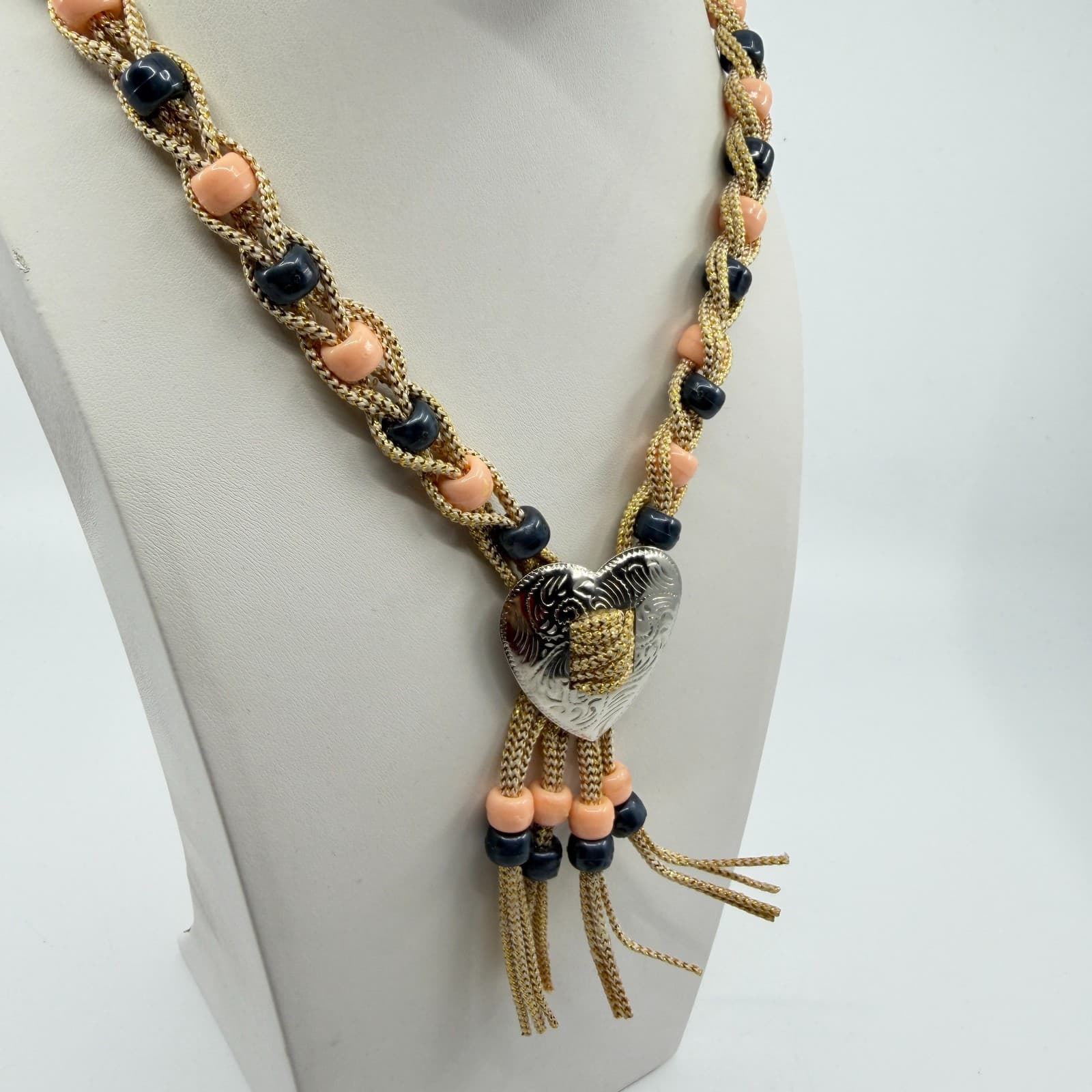 Boho Heart Bolo Necklace Gold Tone Woven Cord Peach Black Bead Festival Gift - Thumbnail 6