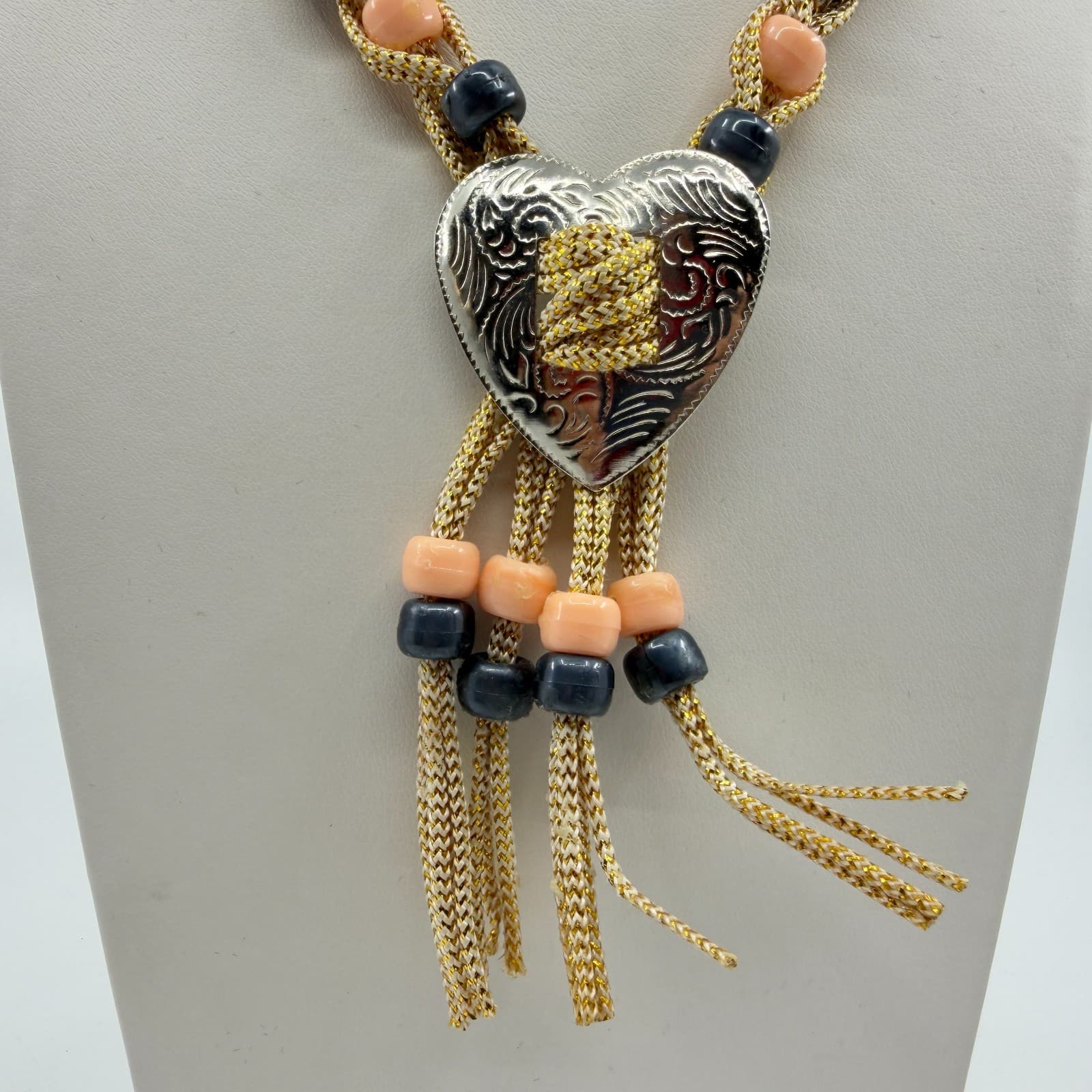 Boho Heart Bolo Necklace Gold Tone Woven Cord Peach Black Bead Festival Gift - Thumbnail 2