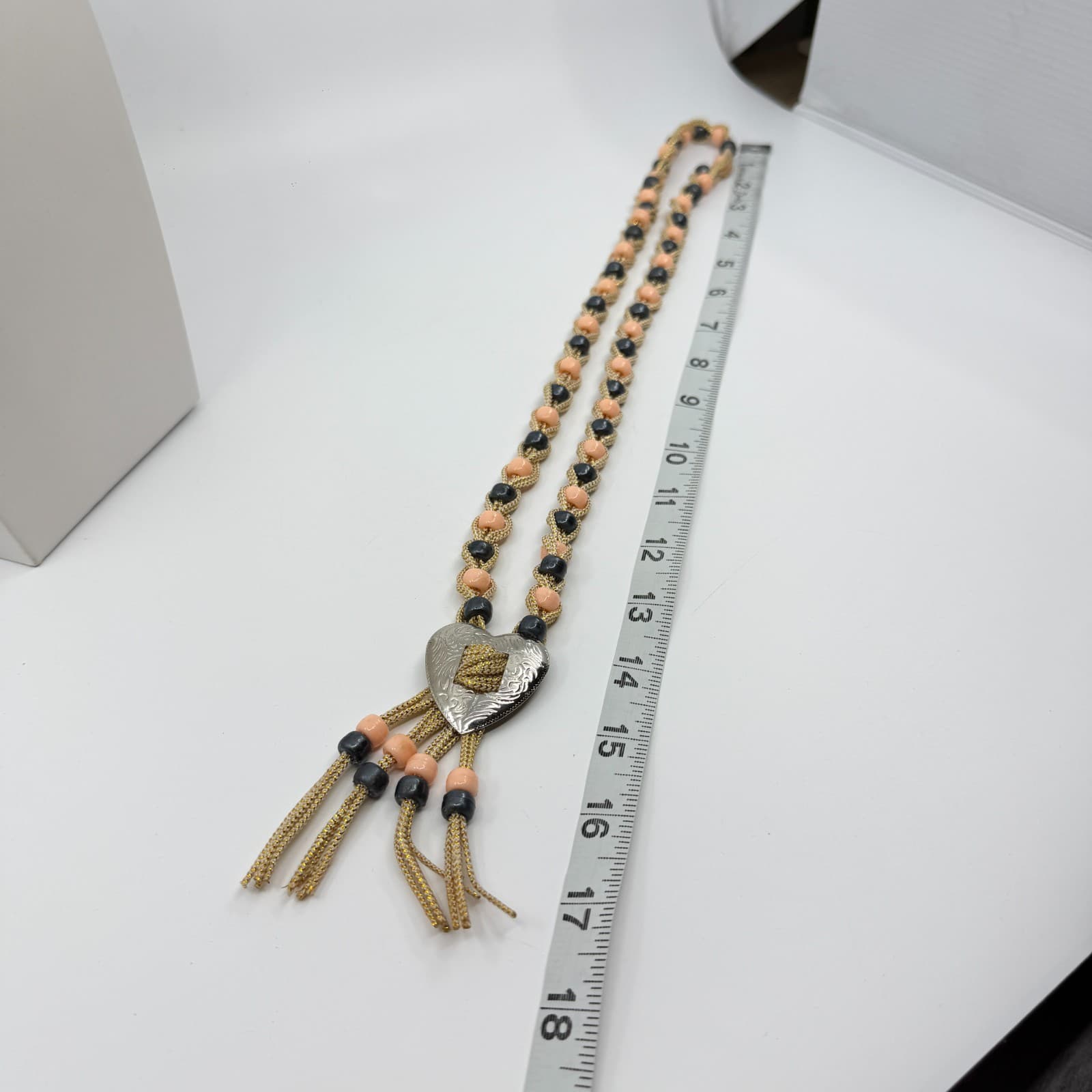 Boho Heart Bolo Necklace Gold Tone Woven Cord Peach Black Bead Festival Gift - Thumbnail 13