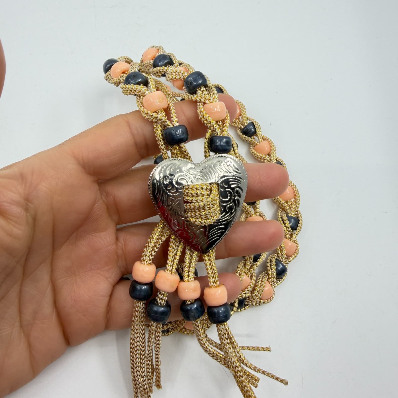 Boho Heart Bolo Necklace Gold Tone Woven Cord Peach Black Bead Festival Gift - Thumbnail 11