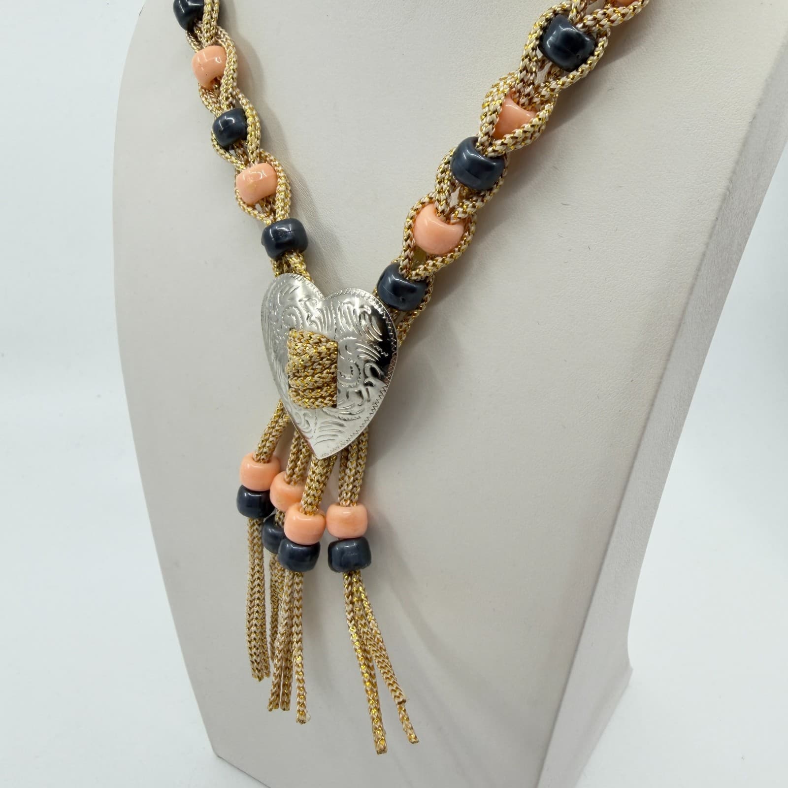 Boho Heart Bolo Necklace Gold Tone Woven Cord Peach Black Bead Festival Gift - Thumbnail 7