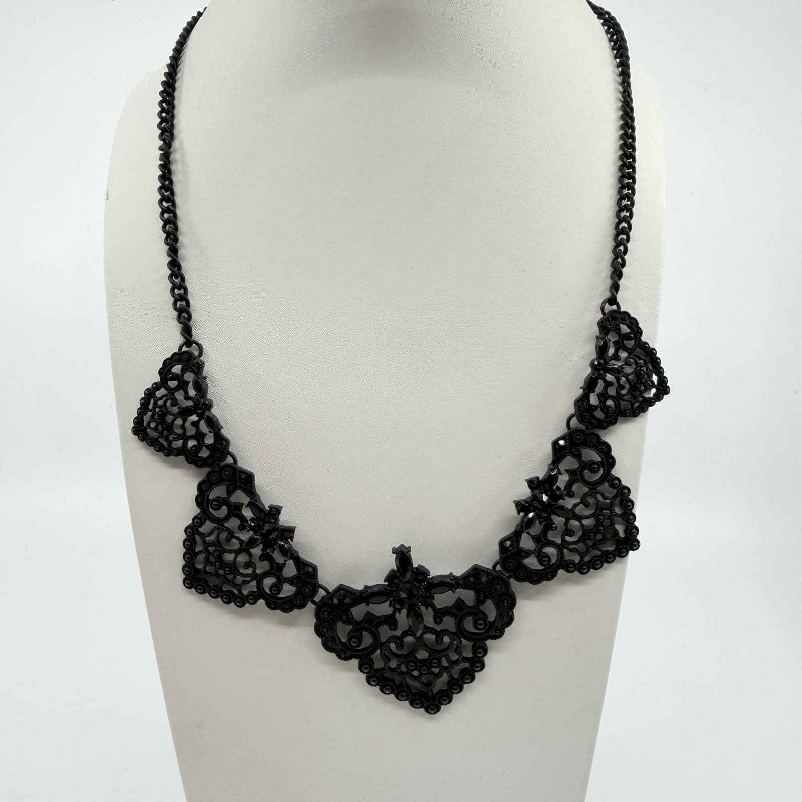 Black Gothic Filigree Statement Necklace Victorian Lace Style Festival Gift - Thumbnail 2