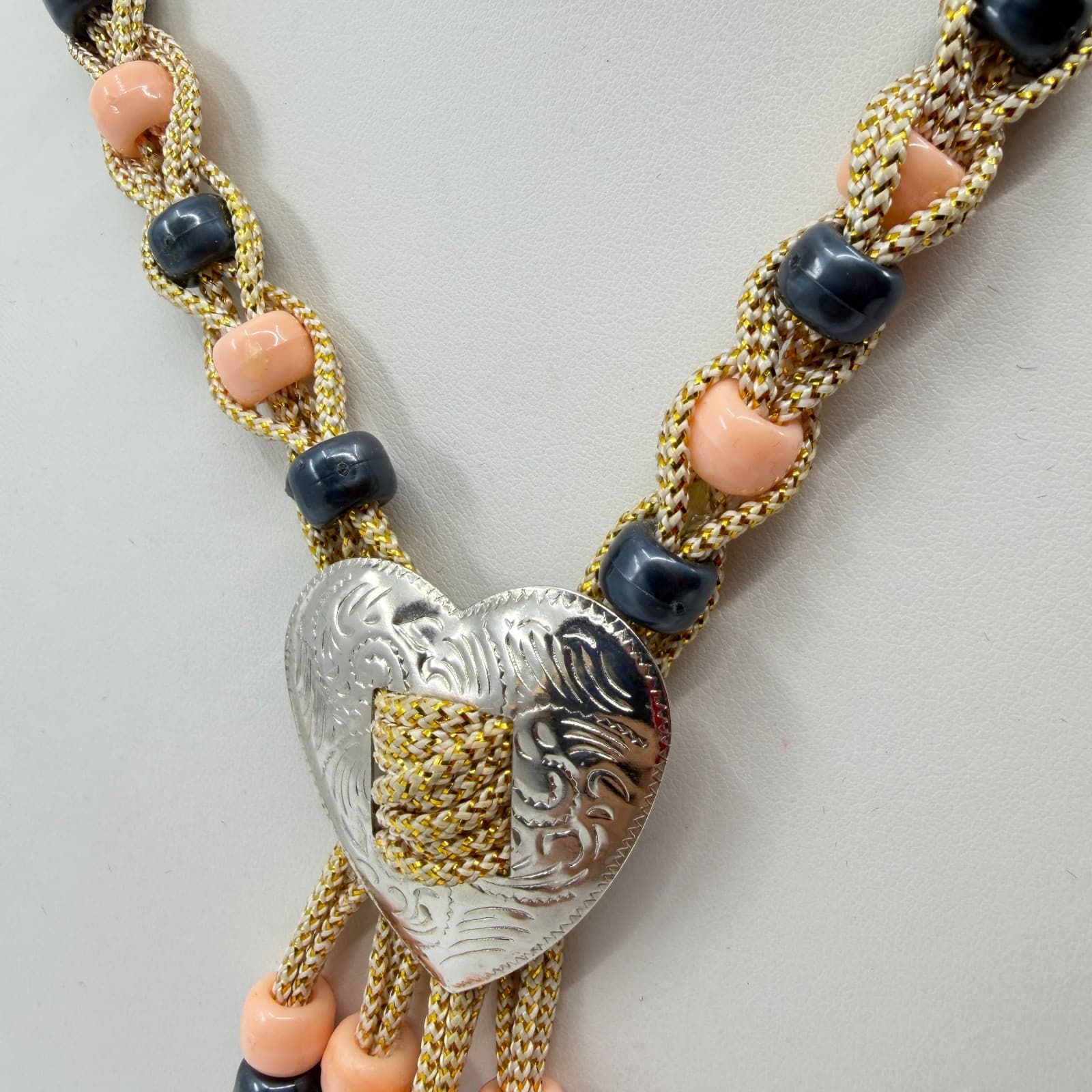Boho Heart Bolo Necklace Gold Tone Woven Cord Peach Black Bead Festival Gift - Thumbnail 9