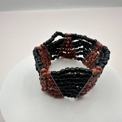 Vintage Y2K Black Brown Beaded Cuff Stretch Bracelet Boho Women's Jewelry - Thumbnail 3