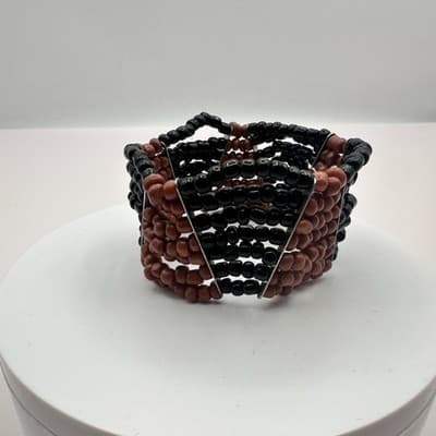 Vintage Y2K Black Brown Beaded Cuff Stretch Bracelet Boho Women's Jewelry - Thumbnail 2