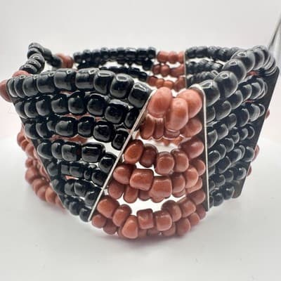 Vintage Y2K Black Brown Beaded Cuff Stretch Bracelet Boho Women's Jewelry - Thumbnail 6