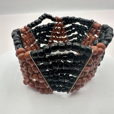 Vintage Y2K Black Brown Beaded Cuff Stretch Bracelet Boho Women's Jewelry - Thumbnail 4