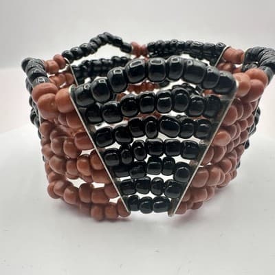 Vintage Y2K Black Brown Beaded Cuff Stretch Bracelet Boho Women's Jewelry - Thumbnail 5