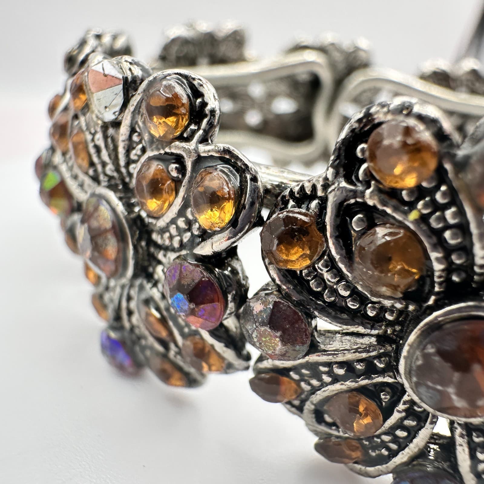 Vintage 90s Silver Tone Rhinestone Floral Hand Bracelet Boho Women's Jewelry Y2K - Thumbnail 5
