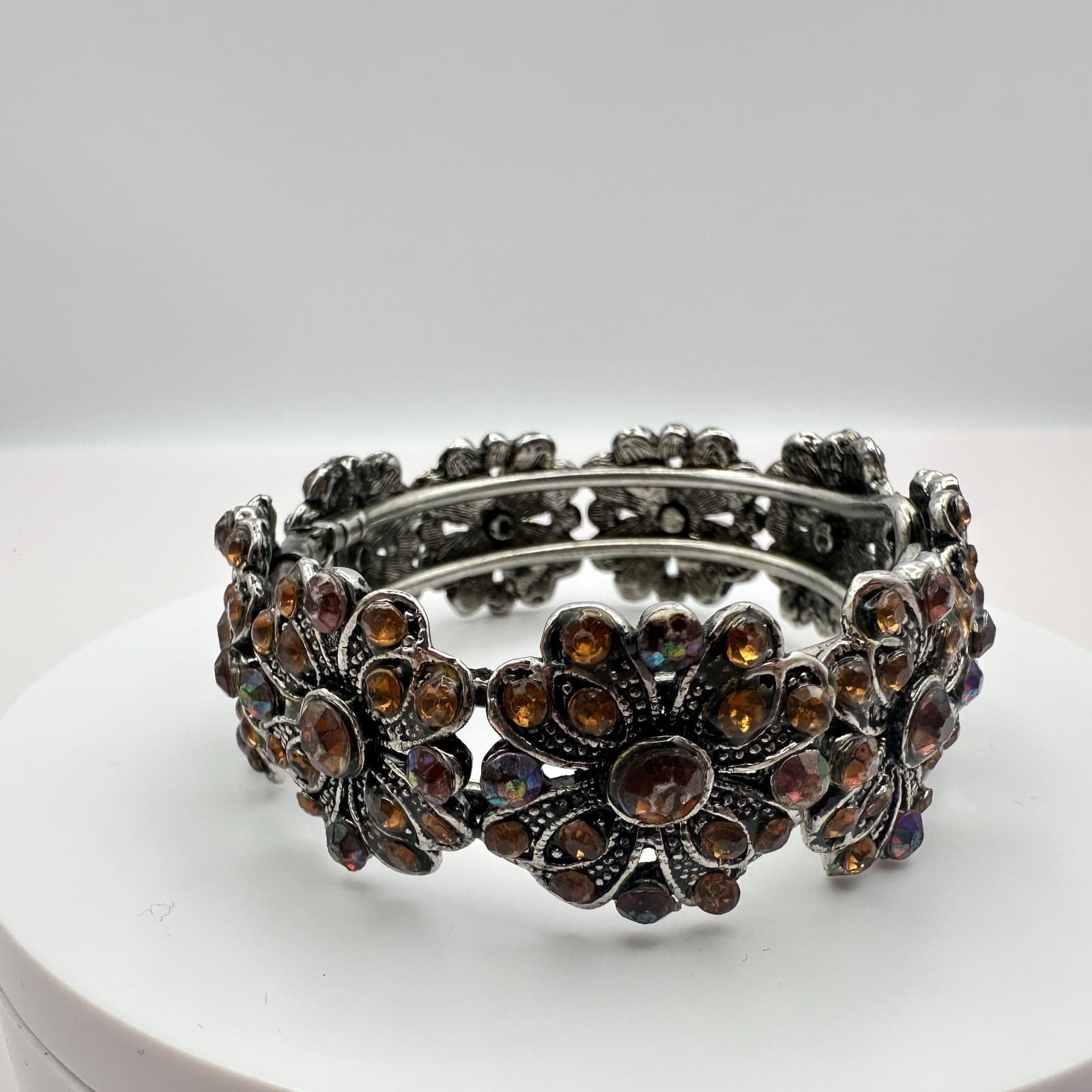 Vintage 90s Silver Tone Rhinestone Floral Hand Bracelet Boho Women's Jewelry Y2K - Thumbnail 7