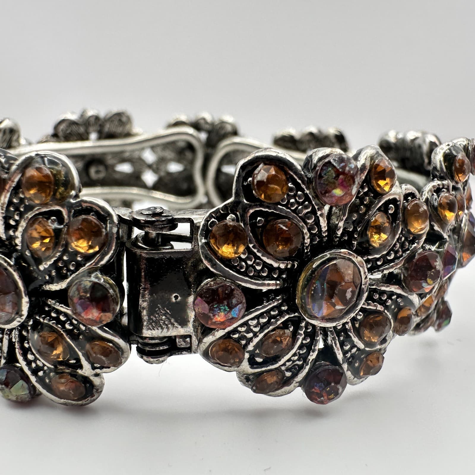 Vintage 90s Silver Tone Rhinestone Floral Hand Bracelet Boho Women's Jewelry Y2K - Thumbnail 3