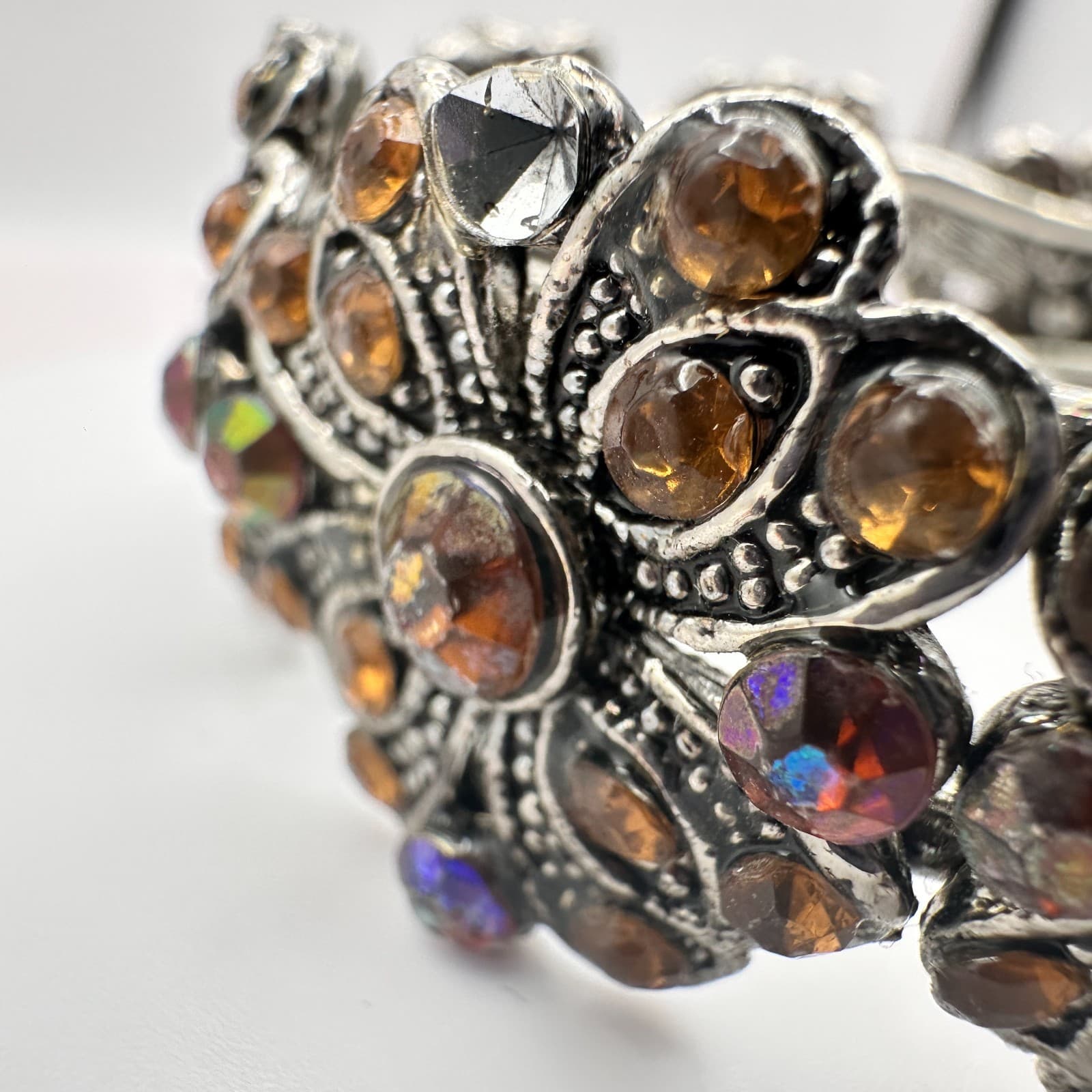 Vintage 90s Silver Tone Rhinestone Floral Hand Bracelet Boho Women's Jewelry Y2K - Thumbnail 6