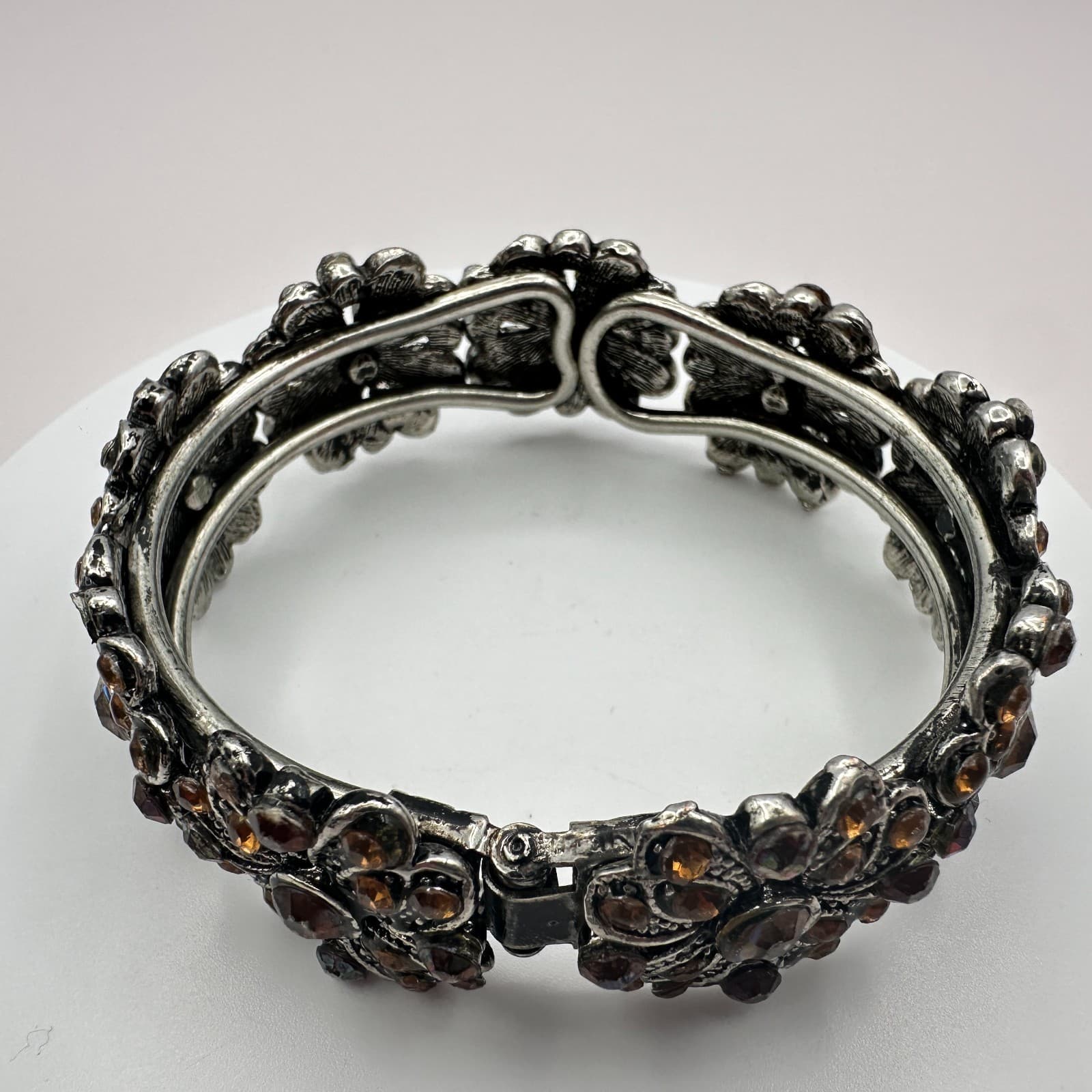 Vintage 90s Silver Tone Rhinestone Floral Hand Bracelet Boho Women's Jewelry Y2K - Thumbnail 4