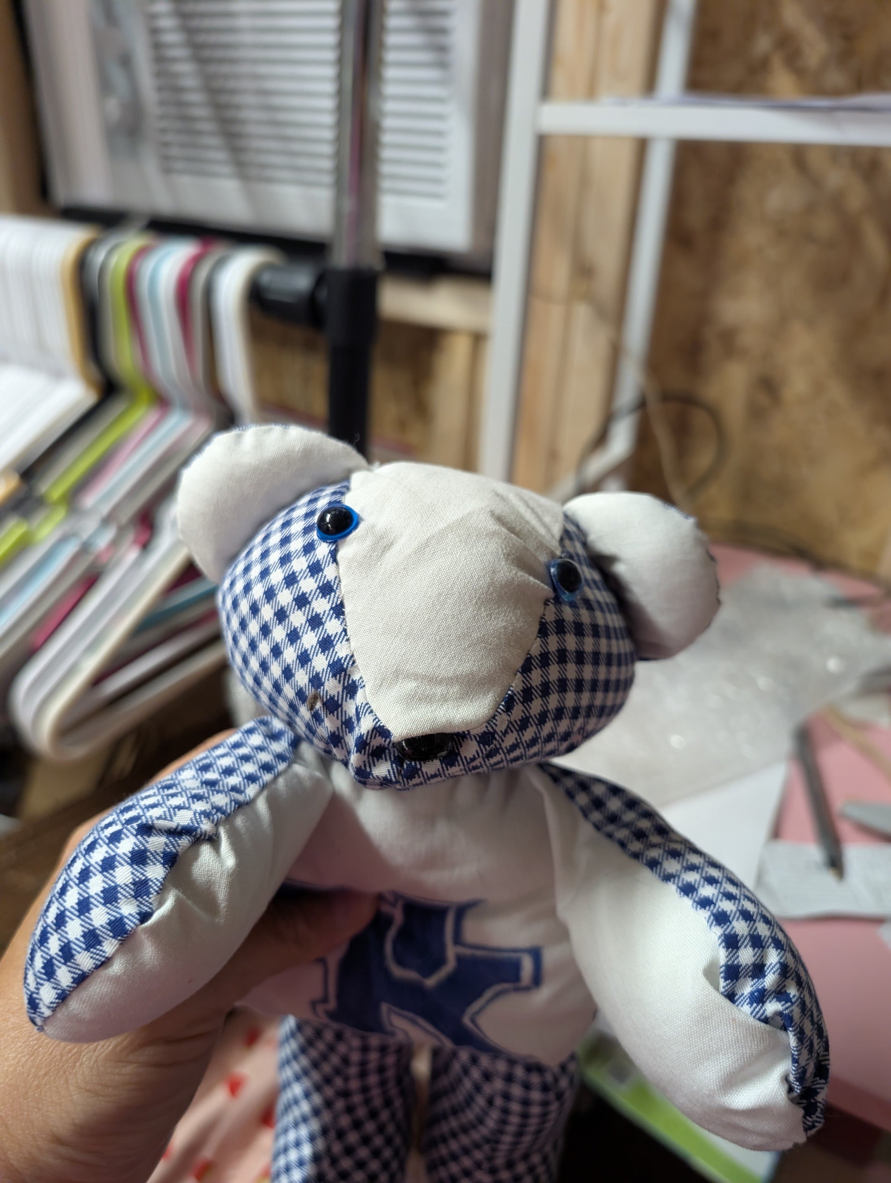 Handmade Blue Gingham Teddy Bear Plush Toy - Thumbnail 4