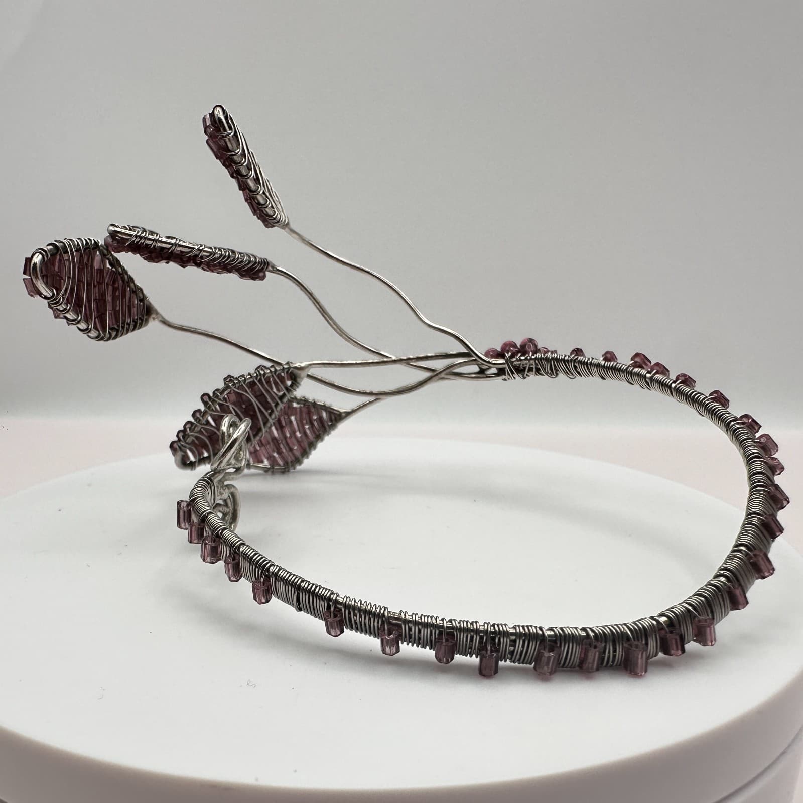 Vintage Y2K Silver Tone Wire Wrapped Purple Seed Beaded Hand Bracelet Jewelry - Thumbnail 6