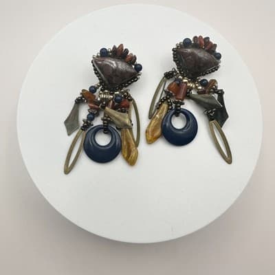 Vintage 90s Beaded Statement Dangle Earrings Boho Women's Classic Jewelry - Thumbnail 3
