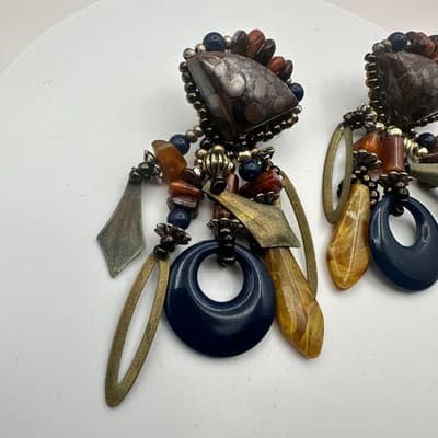 Vintage 90s Beaded Statement Dangle Earrings Boho Women's Classic Jewelry - Thumbnail 4
