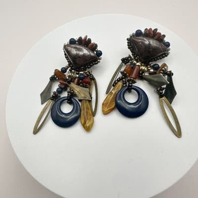 Vintage 90s Beaded Statement Dangle Earrings Boho Women's Classic Jewelry - Thumbnail 6